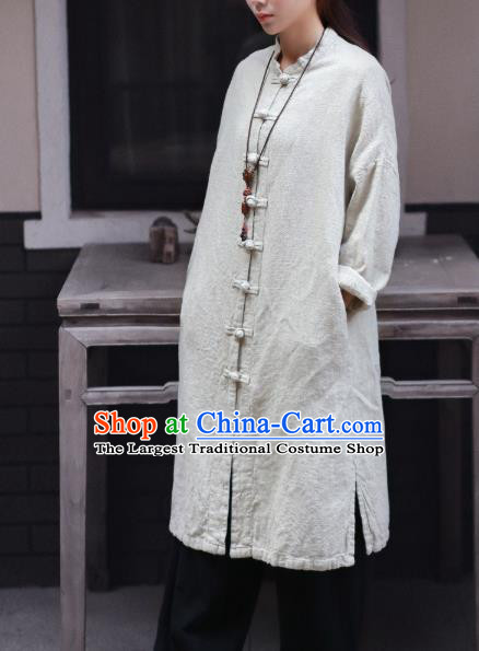 Traditional Chinese Tang Suit White Flax Dust Coat Li Ziqi Overcoat Costume for Women