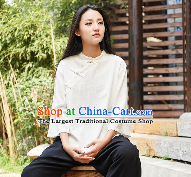 Traditional Chinese Tang Suit White Flax Slant Opening Shirt Li Ziqi Blouse Upper Outer Garment Costume for Women