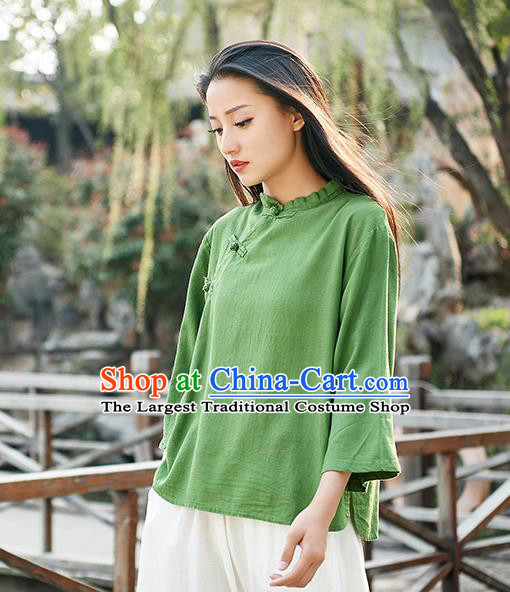 Traditional Chinese Tang Suit Green Flax Slant Opening Shirt Li Ziqi Blouse Upper Outer Garment Costume for Women