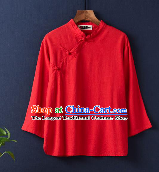 Traditional Chinese Tang Suit Red Flax Slant Opening Shirt Li Ziqi Blouse Upper Outer Garment Costume for Women