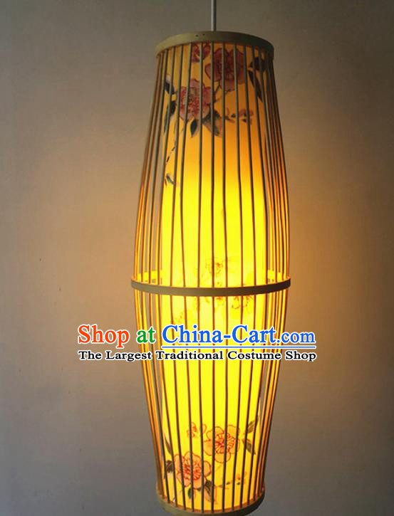 Traditional Chinese Printing Peach Flowers Yellow Hanging Lanterns Handmade Lantern Bamboo Art Scaldfish Lamp