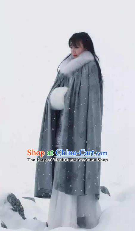 Traditional Chinese Tang Suit Grey Cloak Li Ziqi Overcoat Cape Costume for Women