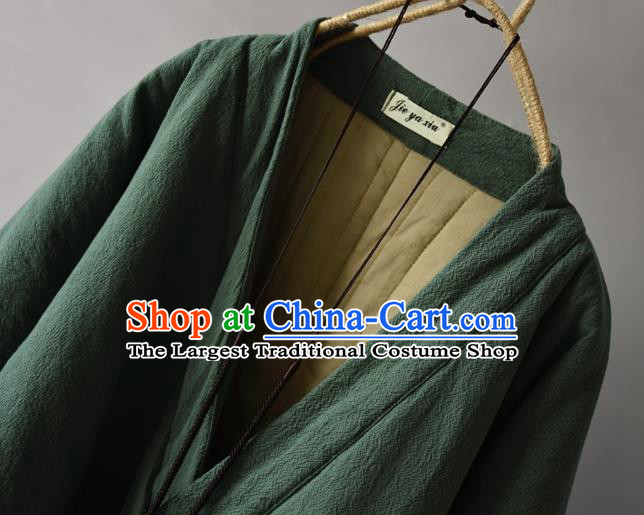Traditional Chinese Tang Suit Green Cotton Padded Jacket Blogger Li Ziqi Flax Overcoat Costume for Women