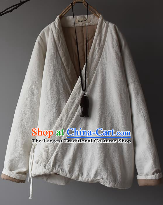 Traditional Chinese Tang Suit White Cotton Padded Jacket Blogger Li Ziqi Flax Overcoat Costume for Women