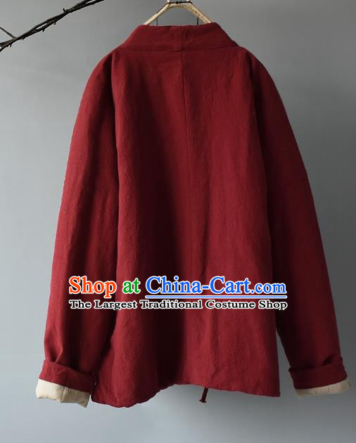 Traditional Chinese Tang Suit Red Cotton Padded Jacket Blogger Li Ziqi Flax Overcoat Costume for Women