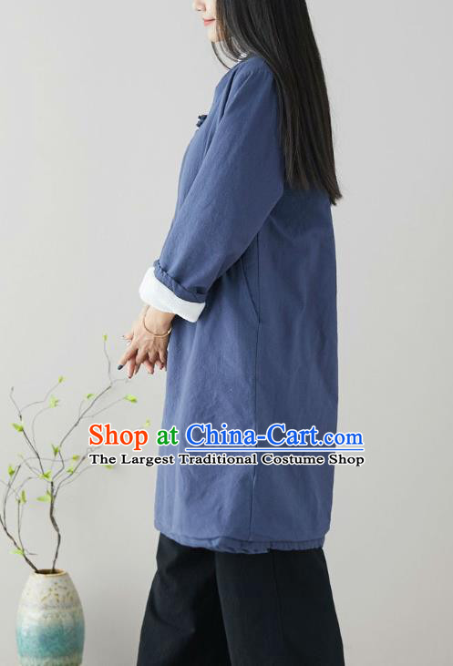 Traditional Chinese Tang Suit Navy Qipao Dress Blogger Li Ziqi Flax Overcoat Costume for Women