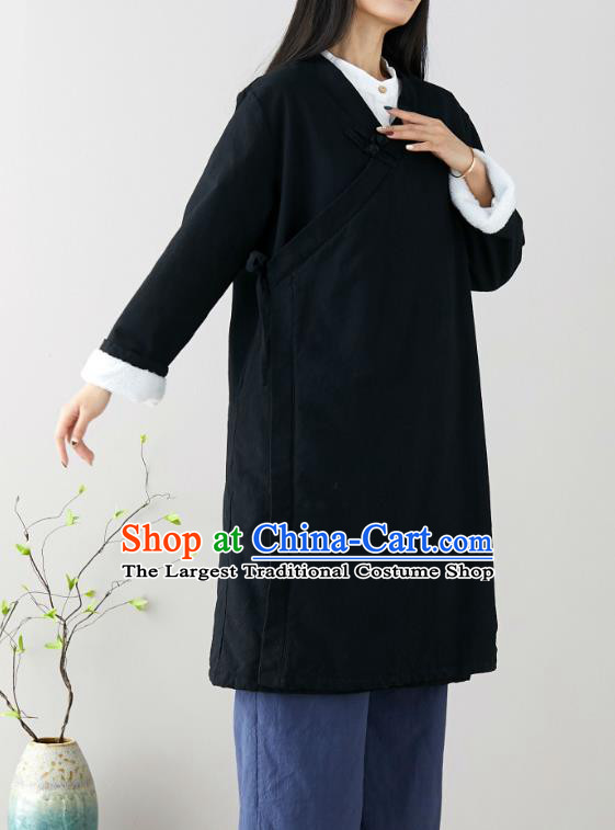 Traditional Chinese Tang Suit Black Qipao Dress Blogger Li Ziqi Flax Overcoat Costume for Women