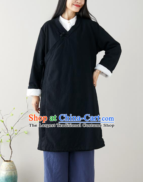 Traditional Chinese Tang Suit Black Qipao Dress Blogger Li Ziqi Flax Overcoat Costume for Women