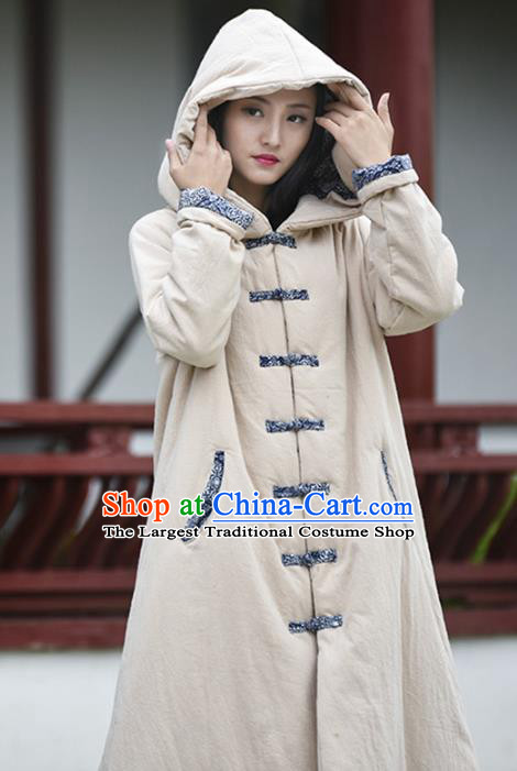 Traditional Chinese Tang Suit Beige Cotton Padded Coat Blogger Li Ziqi Hooded Overcoat Costume for Women