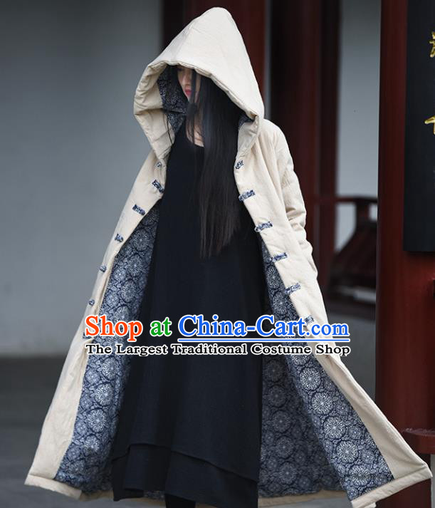 Traditional Chinese Tang Suit Beige Cotton Padded Coat Blogger Li Ziqi Hooded Overcoat Costume for Women
