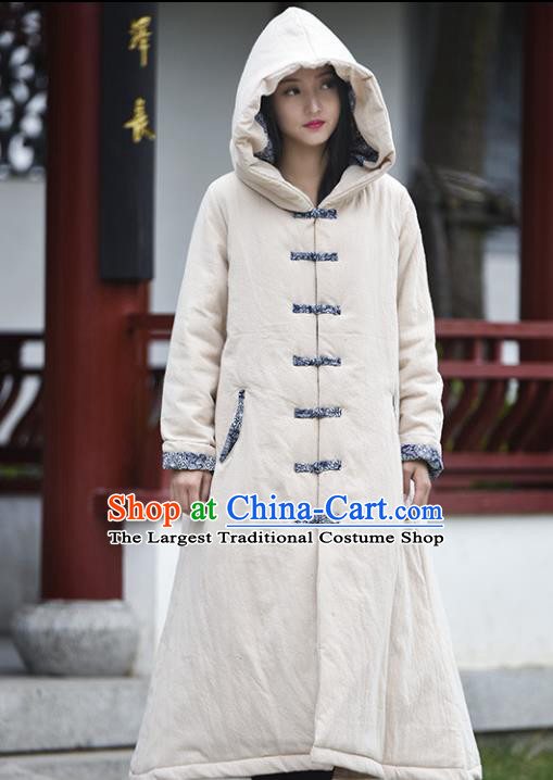 Traditional Chinese Tang Suit Beige Cotton Padded Coat Blogger Li Ziqi Hooded Overcoat Costume for Women