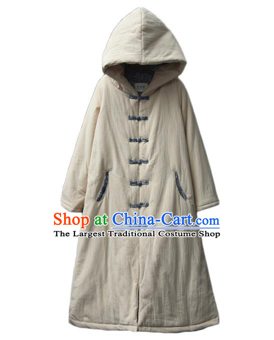 Traditional Chinese Tang Suit Beige Cotton Padded Coat Blogger Li Ziqi Hooded Overcoat Costume for Women