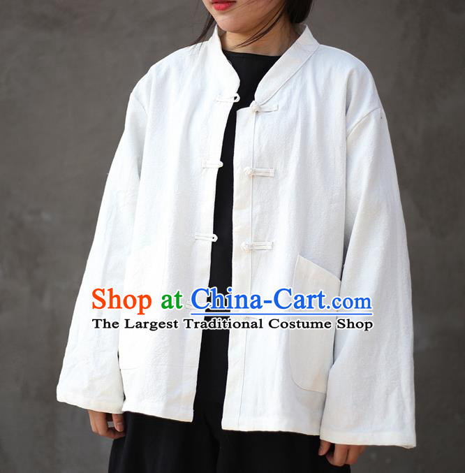 Traditional Chinese Tang Suit White Flax Jacket Li Ziqi Shirt Overcoat Costume for Women