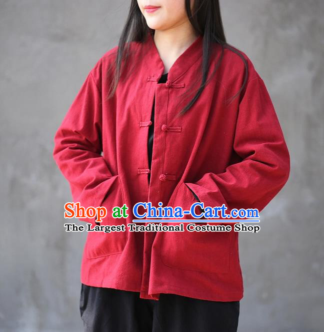 Traditional Chinese Tang Suit Red Flax Jacket Blogger Li Ziqi Shirt Overcoat Costume for Women