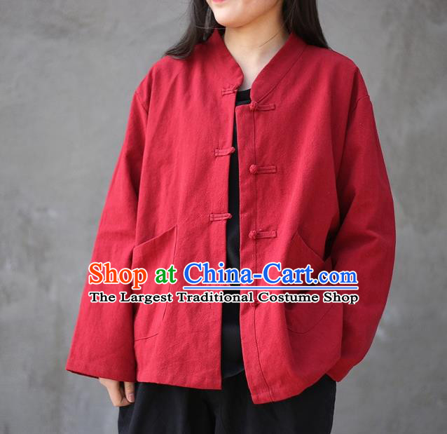 Traditional Chinese Tang Suit Red Flax Jacket Blogger Li Ziqi Shirt Overcoat Costume for Women