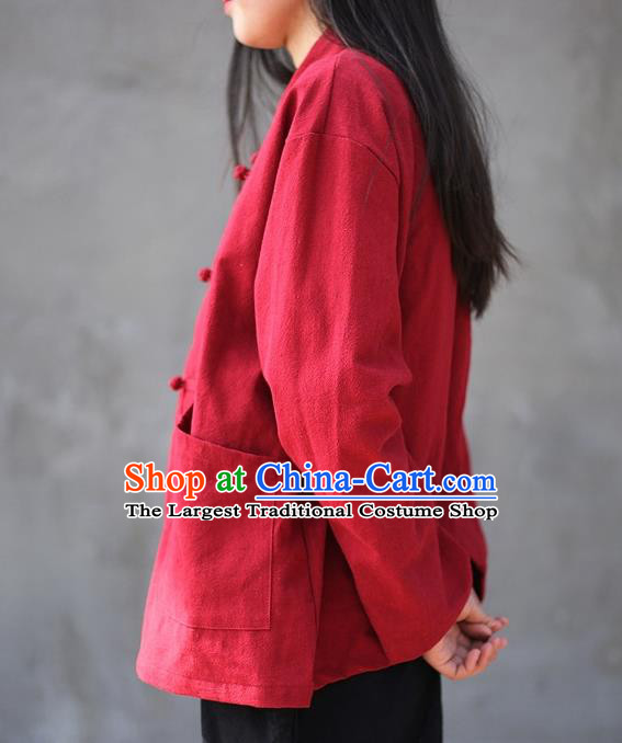 Traditional Chinese Tang Suit Red Flax Jacket Blogger Li Ziqi Shirt Overcoat Costume for Women