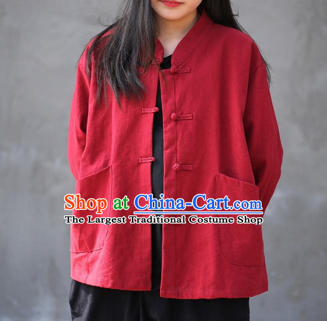 Traditional Chinese Tang Suit Red Flax Jacket Blogger Li Ziqi Shirt Overcoat Costume for Women