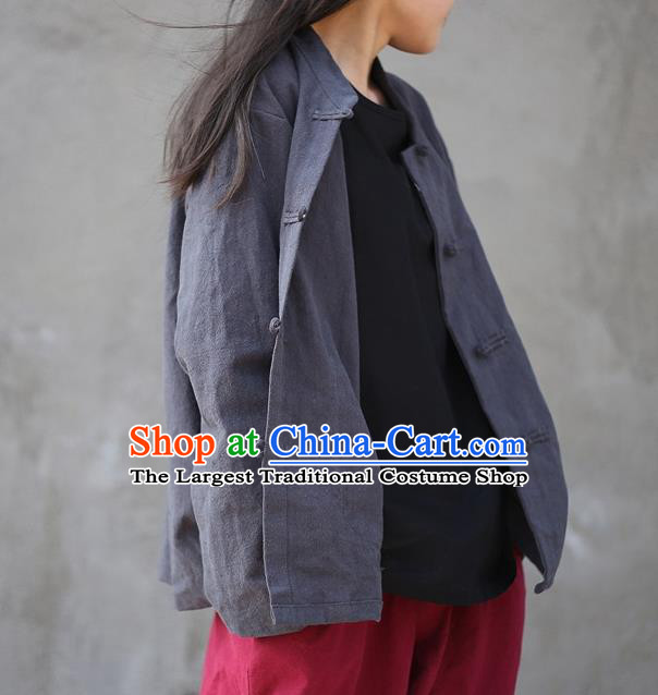 Traditional Chinese Tang Suit Grey Flax Jacket Blogger Li Ziqi Shirt Overcoat Costume for Women