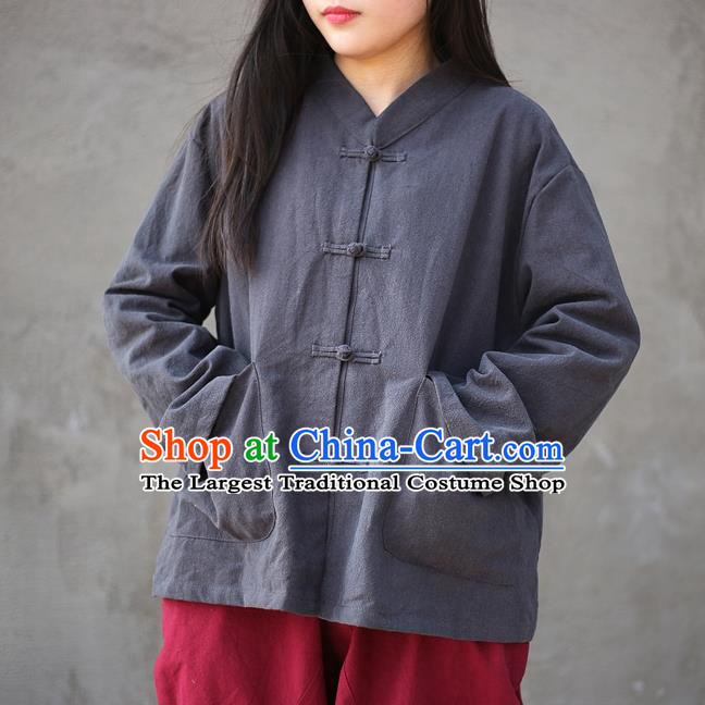 Traditional Chinese Tang Suit Grey Flax Jacket Blogger Li Ziqi Shirt Overcoat Costume for Women