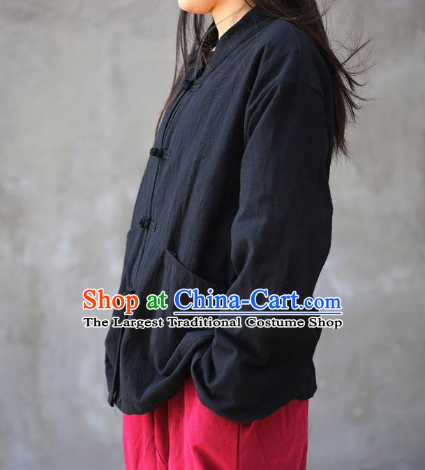 Traditional Chinese Tang Suit Black Flax Jacket Blogger Li Ziqi Shirt Overcoat Costume for Women