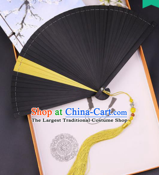 Chinese Traditional Classical Dance Black and Yellow Folding Fans Handmade Bamboo Accordion Fan