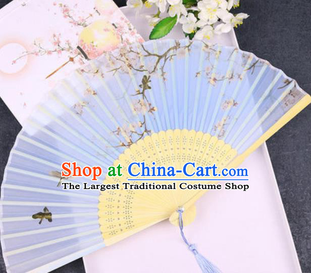 Chinese Traditional Classical Dance Printing Blue Silk Folding Fans Handmade Accordion Bamboo Fan