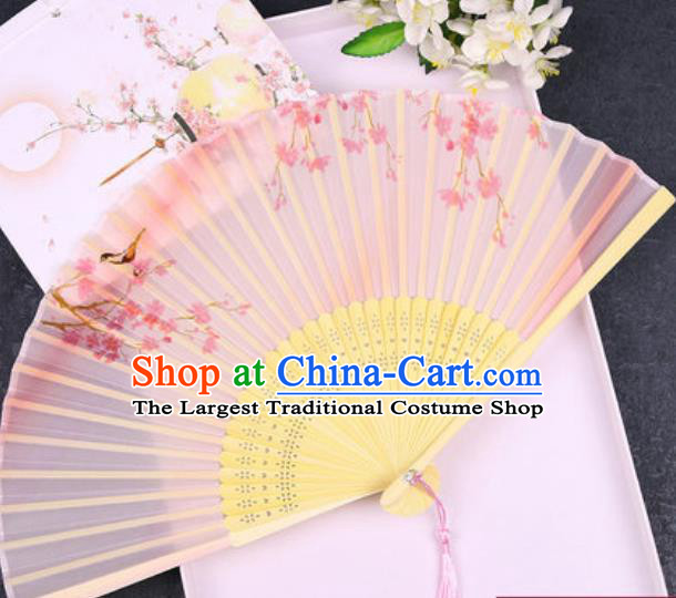 Chinese Traditional Classical Dance Printing Peach Blossom Pink Silk Folding Fans Handmade Accordion Bamboo Fan