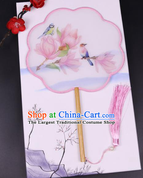 Chinese Traditional Painting Pink Mangnolia Palace Fans Handmade Classical Dance Silk Fan for Women