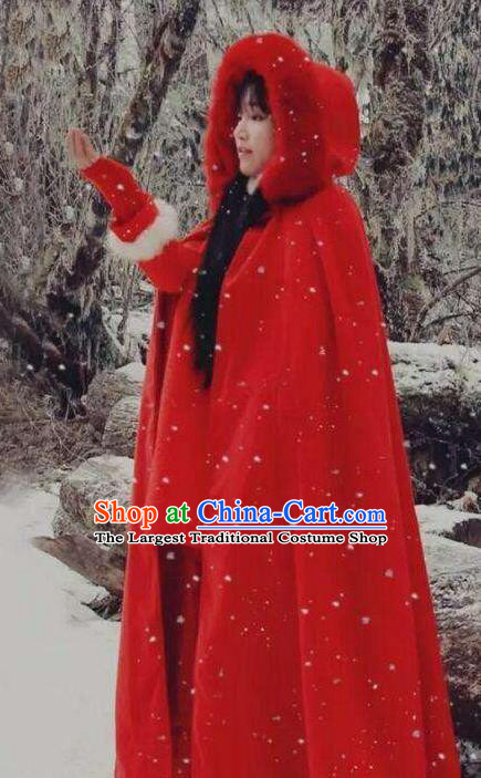 Traditional Chinese Tang Suit Red Cloak Blogger Li Ziqi Winter Overcoat Cape Costume for Women