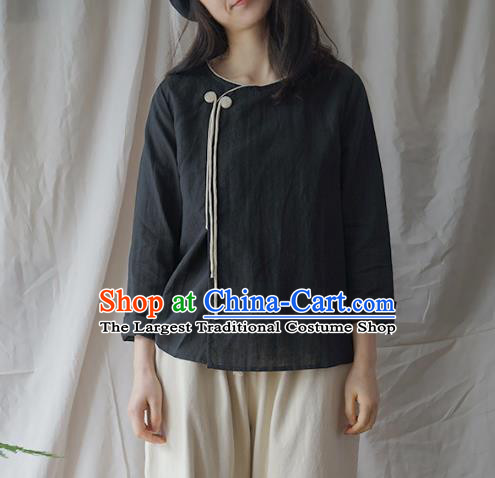 Traditional Chinese Tang Suit Black Shirt Blogger Li Ziqi Flax Blouse Costume for Women