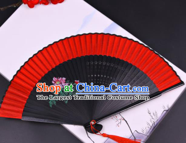 Chinese Traditional Painting Peony Red Silk Folding Fans Handmade Accordion Classical Dance Bamboo Fan