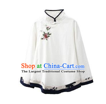 Traditional Chinese Tang Suit White Flax Shirt Blogger Li Ziqi Stand Collar Blouse Costume for Women