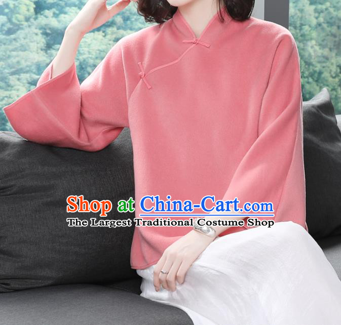 Traditional Chinese Tang Suit Pink Woolen Coat Blogger Li Ziqi Jacket Costume for Women
