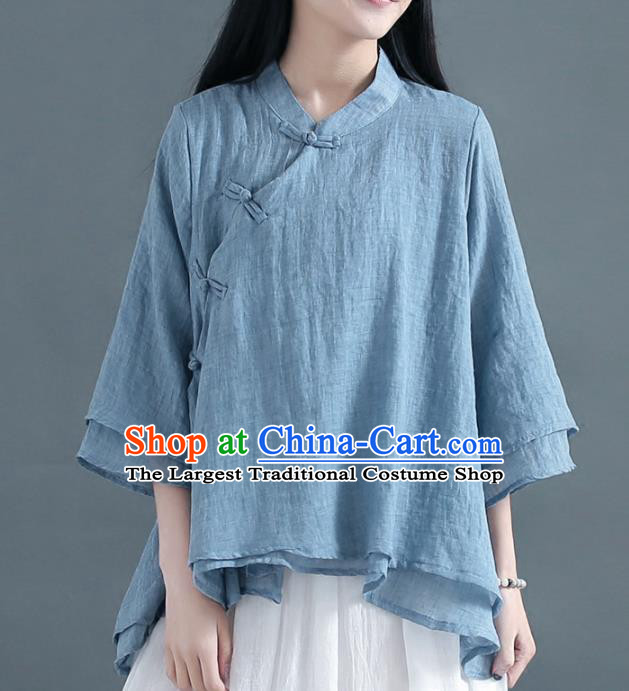 Traditional Chinese Tang Suit Blue Flax Blouse Blogger Li Ziqi Shirt Costume for Women