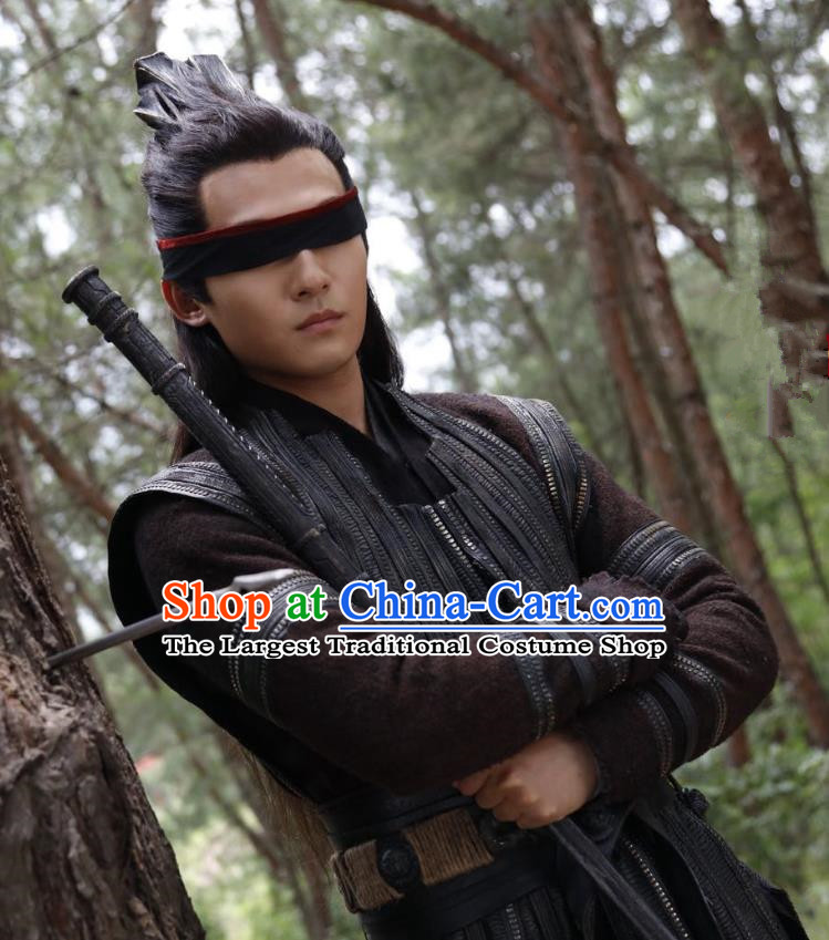 Chinese Drama Joy of Life Ancient Blind Swordsman Qing Yu Nian Wuzhu Replica Costume and Headpiece Complete Set