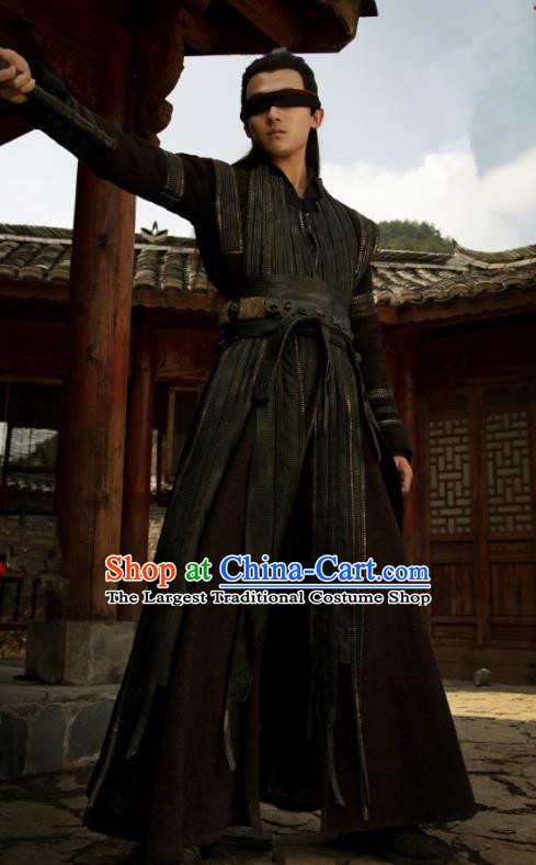 Chinese Drama Joy of Life Ancient Blind Swordsman Qing Yu Nian Wuzhu Replica Costume and Headpiece Complete Set