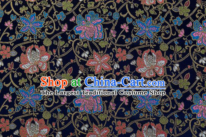 Chinese Classical Twine Lotus Pattern Design Navy Brocade Fabric Asian Traditional Hanfu Satin Material