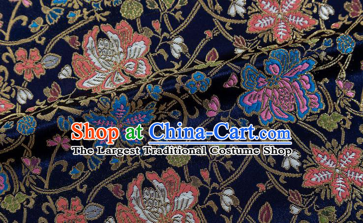 Chinese Classical Twine Lotus Pattern Design Navy Brocade Fabric Asian Traditional Hanfu Satin Material
