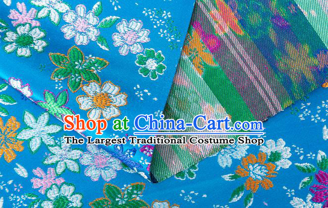 Japanese Traditional Sakura Pattern Design Blue Brocade Fabric Asian Kimono Tapestry Satin