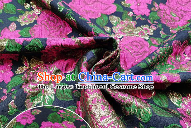 Chinese Classical Roses Pattern Design Navy Brocade Fabric Asian Traditional Hanfu Satin Material