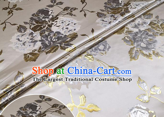 Chinese Classical Roses Pattern Design Grey Brocade Fabric Asian Traditional Hanfu Satin Material