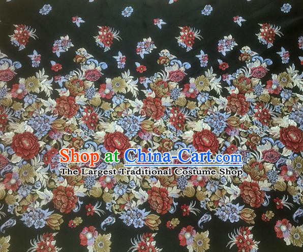 Chinese Classical Peony Flowers Pattern Design Black Brocade Fabric Asian Traditional Hanfu Satin Material