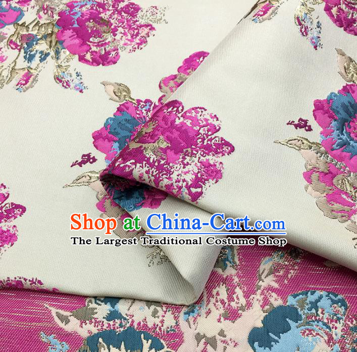 Chinese Classical Peony Pattern Design Beige Brocade Fabric Asian Traditional Hanfu Satin Material