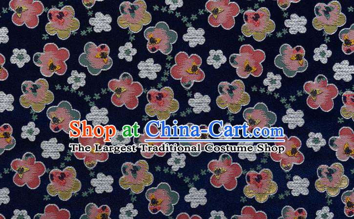 Japanese Traditional Oriental Cherry Pattern Design Navy Brocade Fabric Asian Kimono Tapestry Satin
