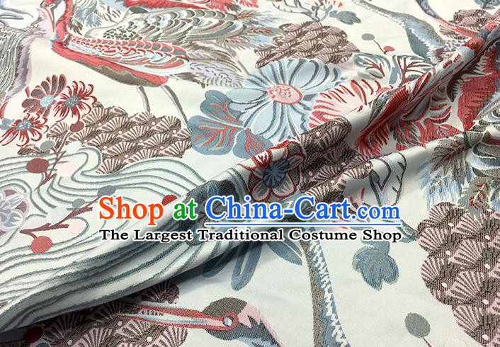 Chinese Classical Crane Pattern Design Light Grey Brocade Fabric Asian Traditional Hanfu Satin Material