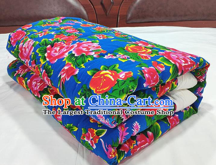 Chinese Traditional Peony Pattern Blue Quilt Cover Wedding Bedclothes