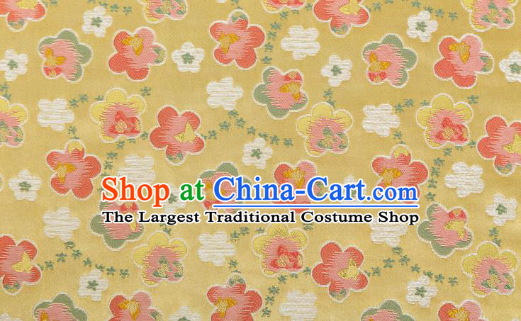 Japanese Traditional Oriental Cherry Pattern Design Yellow Brocade Fabric Asian Kimono Tapestry Satin