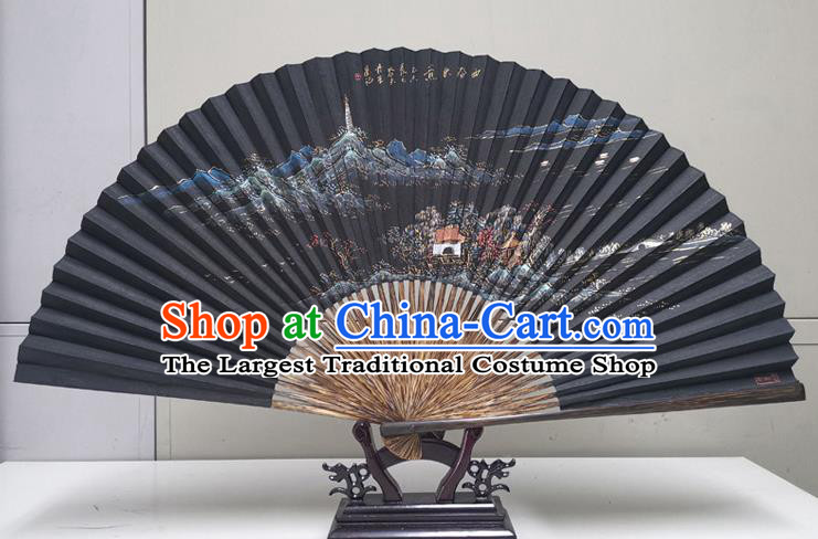 Traditional Chinese Printing Autumn Scenery Black Paper Folding Fan China Bamboo Fan Oriental Fan