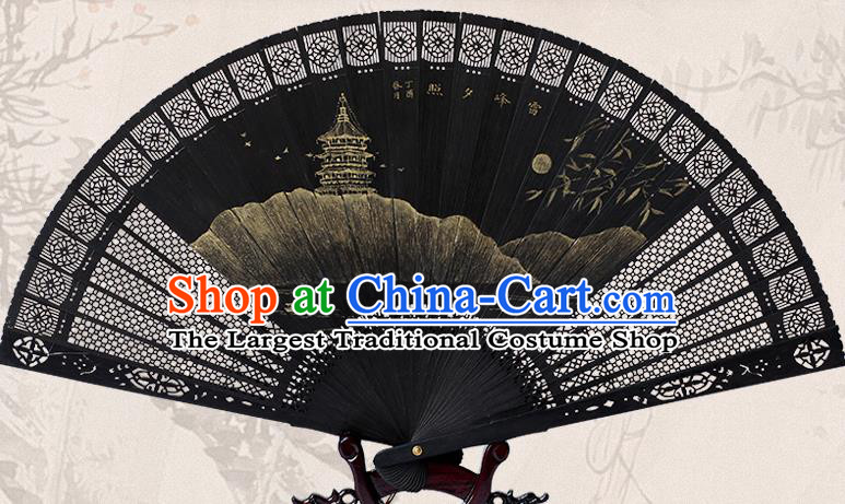 Traditional Chinese Handmade Printing Romance of the West Chamber Ebony Folding Fan China Bamboo Fan Oriental Fan