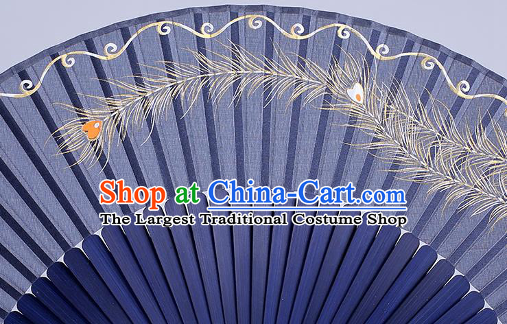 Traditional Chinese Handmade Printing Phoenix Tail Blue Silk Folding Fan China Bamboo Fan Oriental Fan